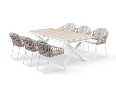 Byron Extension Table & Treble Chairs | Outdoor Dining Setting in White / Travertino / Latte / 9pc 260cm 1