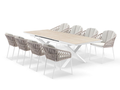 Byron Extension Table & Treble Chairs | Outdoor Dining Setting in White / Travertino / Latte / 9pc 260cm
