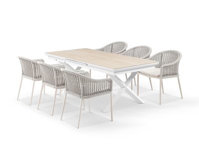 Byron Extension Table & Bali Chairs | Outdoor Dining Setting in White / Travertino / Latte / 9pc 260cm 1
