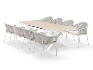 Byron Extension Table & Bali Chairs | Outdoor Dining Setting in White / Travertino / Latte / 9pc 260cm