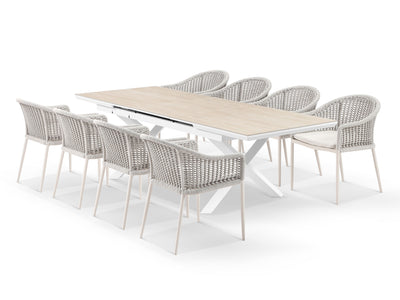 Byron Extension Table & Bali Chairs | Outdoor Dining Setting in White / Travertino / Latte / 9pc 260cm