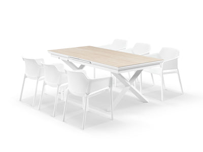 Byron Extension Table & Bailey Chairs | Outdoor Dining Setting in White / Travertino / 9pc 260cm