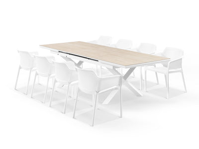 Byron Extension Table & Bailey Chairs | Outdoor Dining Setting in White / Travertino / 9pc 260cm 1