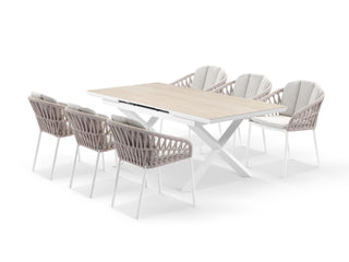 Byron Extension Table & Treble Chairs | Outdoor Dining Setting in White / Travertino / Latte / 7pc 200cm
