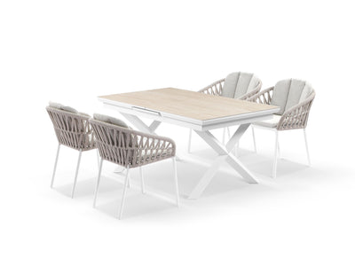 Byron Extension Table & Treble Chairs | Outdoor Dining Setting in White / Travertino / Latte / 7pc 200cm 1