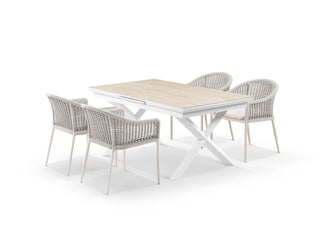 Byron Extension Table & Bali Chairs | Outdoor Dining Setting in White / Travertino / Latte / 7pc 200cm 1