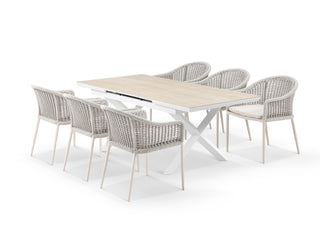 Byron Extension Table & Bali Chairs | Outdoor Dining Setting in White / Travertino / Latte / 7pc 200cm
