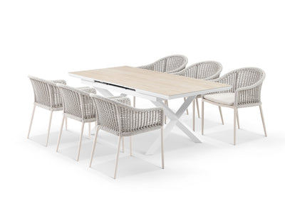 Byron Extension Table & Bali Chairs | Outdoor Dining Setting in White / Travertino / Latte / 7pc 200cm