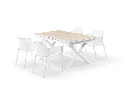 Byron Extension Table & Bailey Chairs | Outdoor Dining Setting in White / Travertino / 7pc 200cm 1