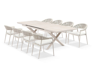 Byron Extension Table & Nivala Chairs | Outdoor Dining Setting in Dune / Travertino / Lavazza / 9pc 260cm