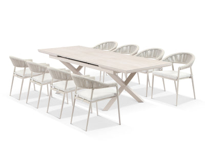Byron Extension Table & Nivala Chairs | Outdoor Dining Setting in Dune / Travertino / Lavazza / 9pc 260cm