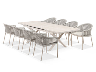 Byron Extension Table & Bali Chairs | Outdoor Dining Setting in Dune / Travertino / Parchment / 9pc 260cm