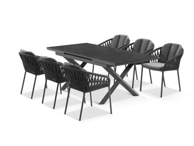 Byron Extension Table & Treble Chairs | Outdoor Dining Setting in Charcoal / Slate / Carbon / 7pc 200cm