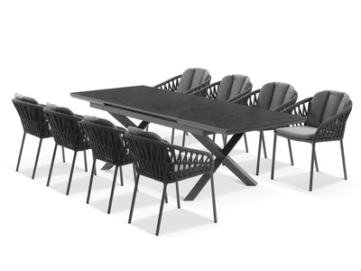 Byron Extension Table & Treble Chairs | Outdoor Dining Setting in Charcoal / Slate / Carbon / 9pc 260cm