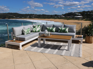 Aspen Teak Platform | Outdoor Lounge Setting in White / Light Grey / Grey Chine / 5 Seater 2LH-3RH / Aspen Corner Table_9