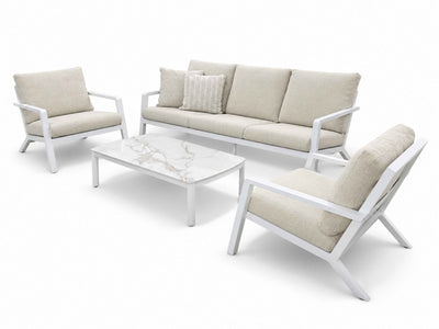 Tegel Sofa Set | Outdoor Lounge Setting in White / Beech / Pasadena Coffee Table