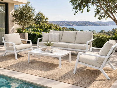 Tegel Sofa Set | Outdoor Lounge Setting in White / Beech / Pasadena Coffee Table 1