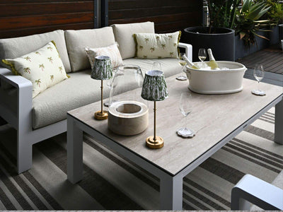 Adele Ceramic Outdoor Coffee Table in White / Travertino / 165x95cm 4.