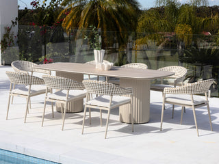 Corinth Table & Noosa Chairs | Outdoor Dining Setting in Dune / Travertino / Drift / 9pc 240cm 4