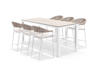 Adele Ceramic Table & Nivala Chairs in White / Travertino / Biscuit / 7pc 220x95cm_1