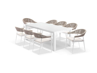 Adele Table & Nivala Chairs in White / Biscuit / 9pc 220cm_1