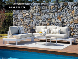 Aspen Ceramic Platform | Outdoor Lounge Setting in White / Travertino / Beech / 5 Seater 2LH-3RH / Milos Coffee Table Set_10