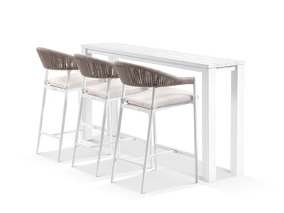 Adele Table & Nivala Chairs | Outdoor Balcony Bar Setting in White / Biscuit / 4pc 210x42cm_1