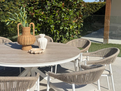 Adele Ceramic Round Table & Nivala Chairs | Outdoor Dining Setting in White / Travertino / Biscuit / 9pc 160cm_5