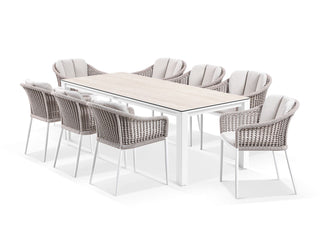 Adele Ceramic Table & Bali Chairs | Outdoor Dining Setting in White / 9pc 220cm_9