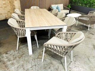 Adele Ceramic Table & Treble Chairs | Outdoor Dining Setting in White / Travertino / Latte / 9pc 220cm_9