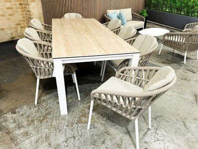 Adele Ceramic Table & Treble Chairs | Outdoor Dining Setting in White / Travertino / Latte / 9pc 220cm_9