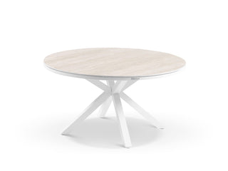 Adele Ceramic Round Outdoor Dining Table in White / Travertino / 140cm.