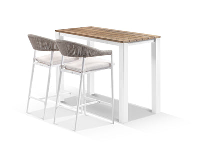 Adele Teak Table & Nivala Chairs | Outdoor Bar Setting in White / Biscuit / 3pc 140x63cm_1
