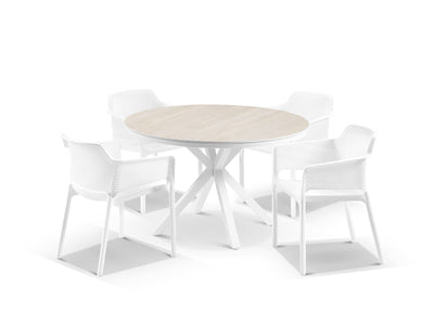 Adele Ceramic Round Table & Bailey Chairs | Outdoor Dining Setting in White / Travertino / 5pc 100cm_1