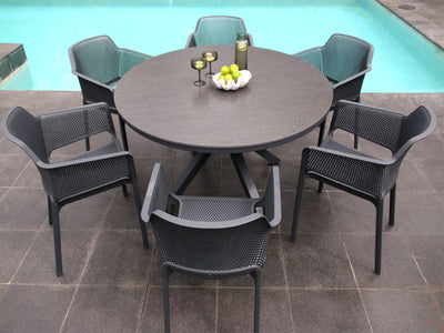 Adele Ceramic Round Table & Bailey Chairs | Outdoor Dining Setting in Charcoal / Dark Grey / 7pc 140cm_1