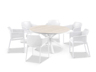 Adele Ceramic Round Table & Bailey Chairs | Outdoor Dining Setting in White / Travertino / 7pc 140cm_1