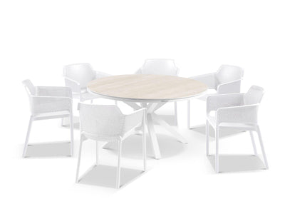 Adele Ceramic Round Table & Bailey Chairs | Outdoor Dining Setting in White / Travertino / 7pc 140cm_1