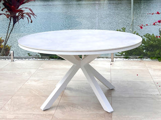 Adele Ceramic Round Outdoor Dining Table in White / Light Grey / 140cm.