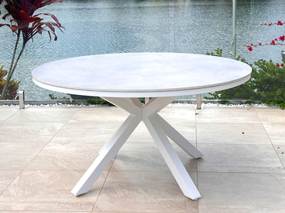 Adele Ceramic Round Outdoor Dining Table in White / Light Grey / 140cm.