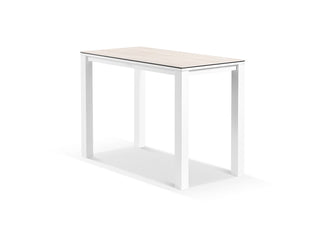 Adele Ceramic Outdoor Bar Table in White / Travertino / 140x74cm.