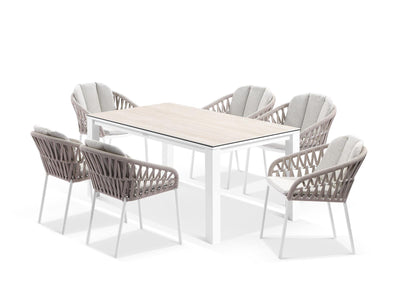 Adele Ceramic Table & Treble Chairs | Outdoor Dining Setting in White / Travertino / Latte / 7pc 165cm_1