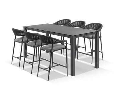 Adele Ceramic Table & Nivala Chairs | Outdoor Bar Setting in Charcoal / Dark Grey / Black / 7pc 220x95cm_1