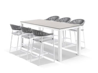 Adele Ceramic Table & Nivala Chairs | Outdoor Bar Setting in White / Light Grey / Frost Grey / 7pc 220x95cm_1