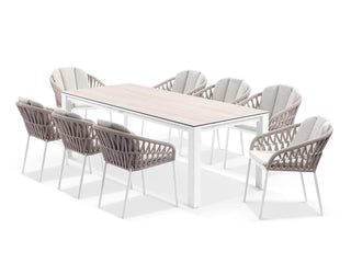 Adele Ceramic Table & Treble Chairs | Outdoor Dining Setting in White / Travertino / Latte / 9pc 220cm_1