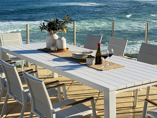 Adele Outdoor Dining Table in White / 280x115cm - top view.