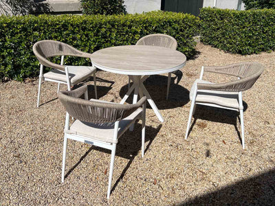 Adele Ceramic Round Table & Nivala Chairs | Outdoor Dining Setting in White / Travertino / Biscuit / 5pc 100cm_8