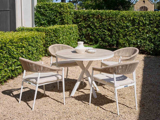 Adele Ceramic Round Table & Nivala Chairs | Outdoor Dining Setting in White / Travertino / Biscuit / 5pc 100cm_1