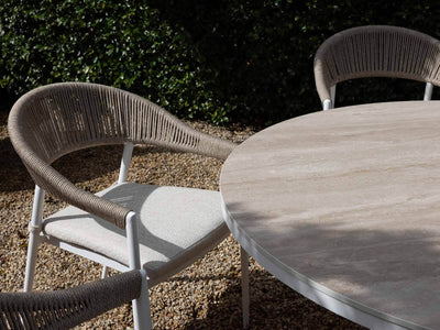 Adele Ceramic Round Table & Nivala Chairs | Outdoor Dining Setting in White / Travertino / Biscuit / 7pc 140cm_6