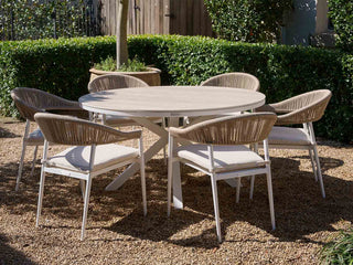 Adele Ceramic Round Table & Nivala Chairs | Outdoor Dining Setting in White / Travertino / Biscuit / 7pc 140cm_1