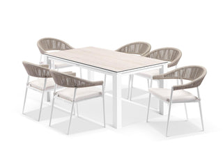 Adele Ceramic Table & Nivala Chairs | Outdoor Dining Setting in White / Travertino / Biscuit / 7pc 165cm_6